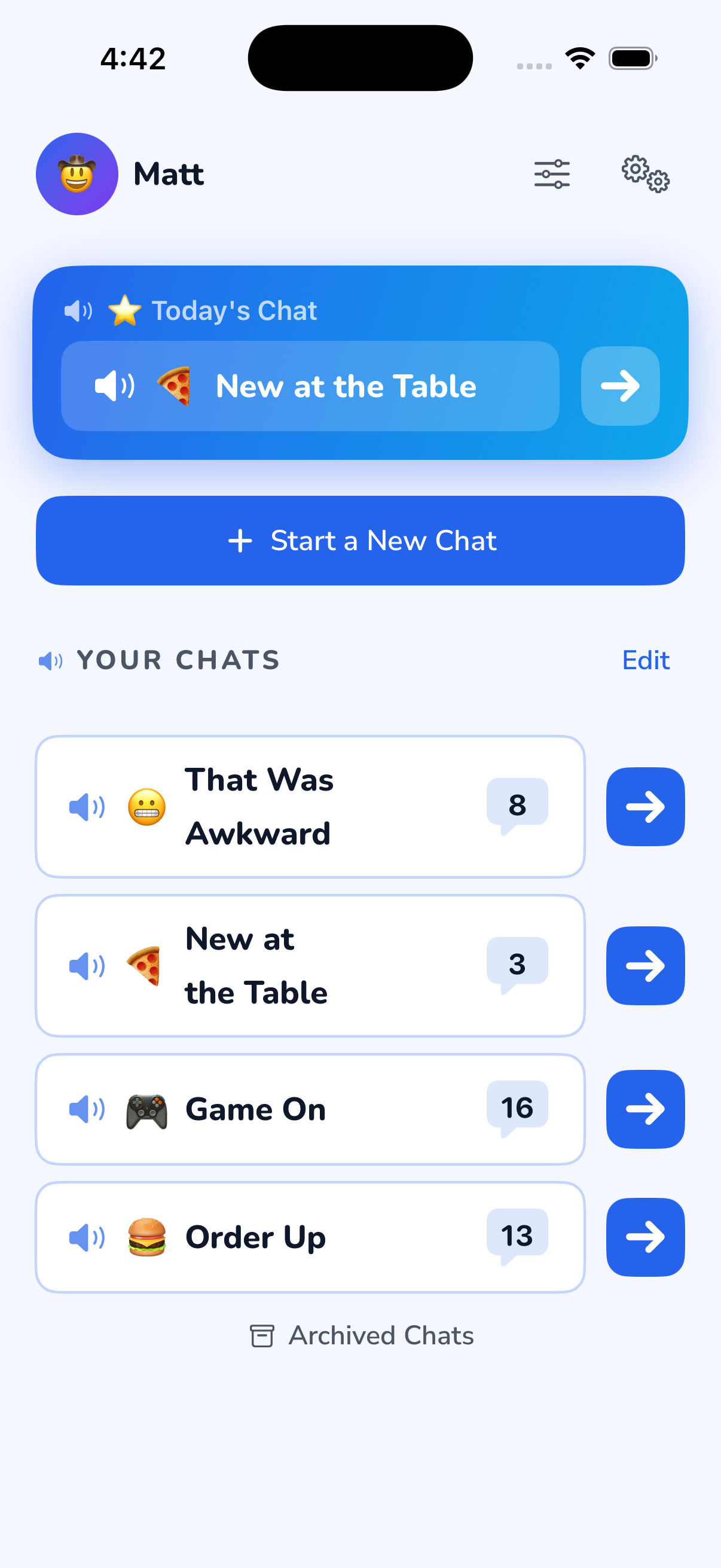 LetsChat home screen showing Today's Chat, conversation list with topics like That Was Awkward, New at the Table, Game On, and Order Up