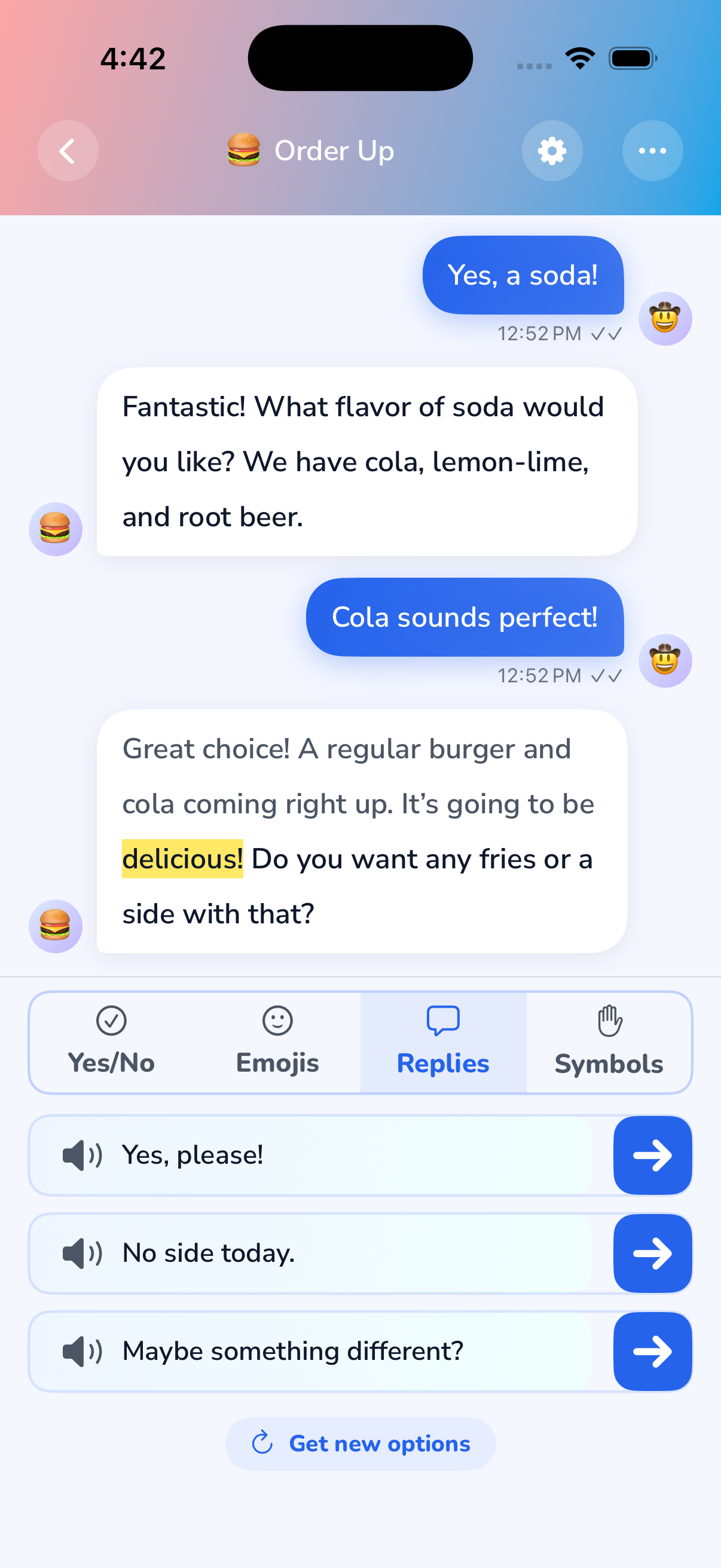 LetsChat chat view showing a conversation about ordering food, with reply options like Yes please, No side today, and Maybe something different at the bottom